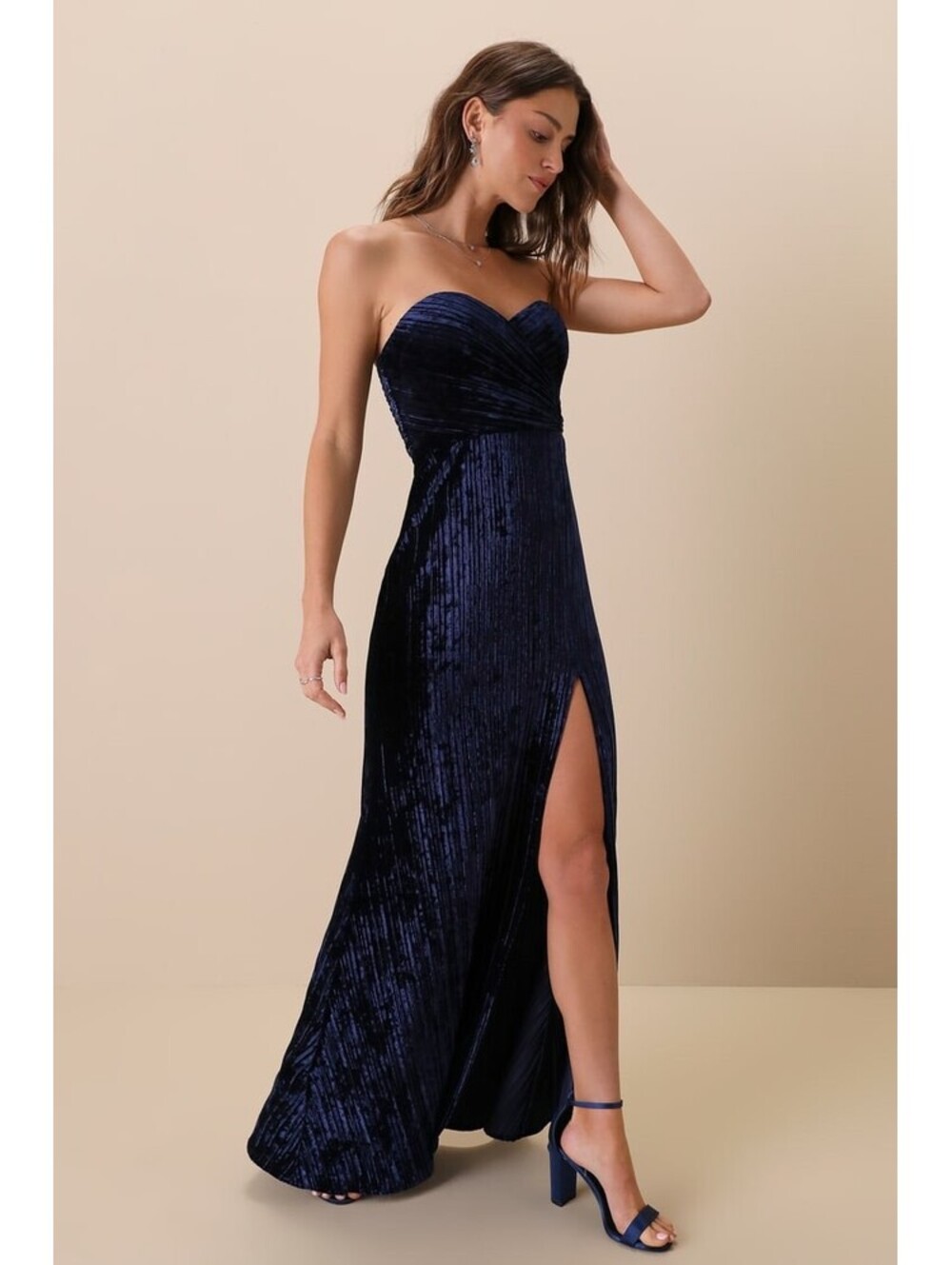 Lulus Navy Blue Velvet Pleated Strapless Maxi Dress Size L Formal Evening